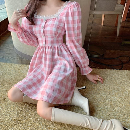 Pink Plaid Kawaii Princess Mini Dress - mkkawaiishop