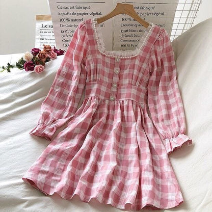 Pink Plaid Kawaii Princess Mini Dress - mkkawaiishop