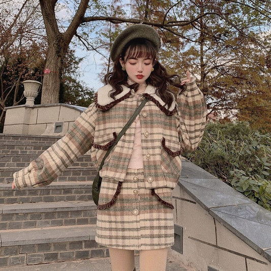 Japanese Fshion Sweet Princess Plaid Wool Short Coat Skirt Suit BM182 - mkkawaiishop