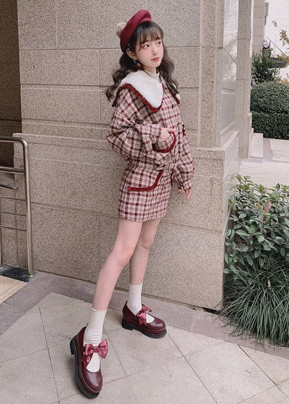 Japanese Fshion Sweet Princess Plaid Wool Short Coat Skirt Suit BM182 - mkkawaiishop