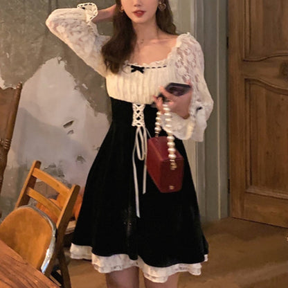 Korean Vintage Kawaii Lace Slim Elegant Retro Black Fairy Dress MK16699 - mkkawaiishop