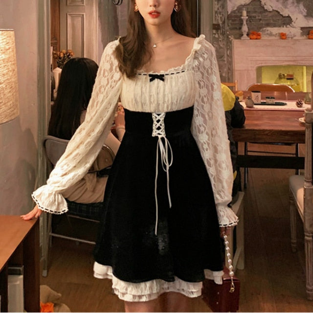 Korean Vintage Kawaii Lace Slim Elegant Retro Black Fairy Dress MK16699 - mkkawaiishop