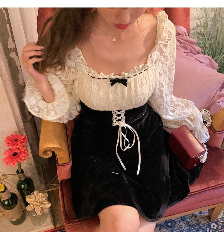 Korean Vintage Kawaii Lace Slim Elegant Retro Black Fairy Dress MK16699 - mkkawaiishop