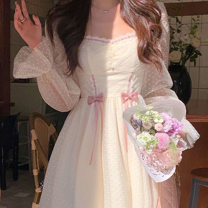 Kawaii Elegant Princess Sweet Dot Long Sleeve Vintage Fairy Dress MK16956 - mkkawaiishop