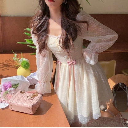 Kawaii Elegant Princess Sweet Dot Long Sleeve Vintage Fairy Dress MK16956 - mkkawaiishop