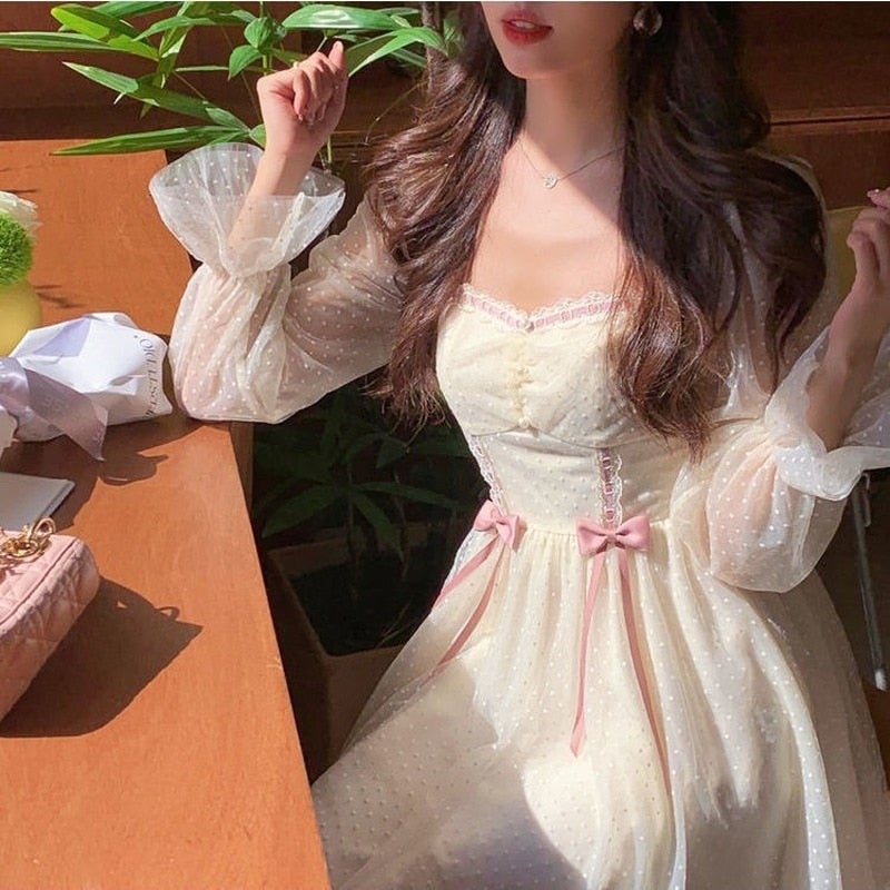 Kawaii Elegant Princess Sweet Dot Long Sleeve Vintage Fairy Dress MK16956 - mkkawaiishop