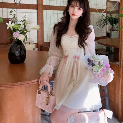 Kawaii Elegant Princess Sweet Dot Long Sleeve Vintage Fairy Dress MK16956 - mkkawaiishop