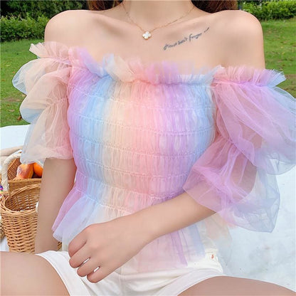 Rainbow Pastel Kawaii Aesthetic Princess Crop Top - mkkawaiishop