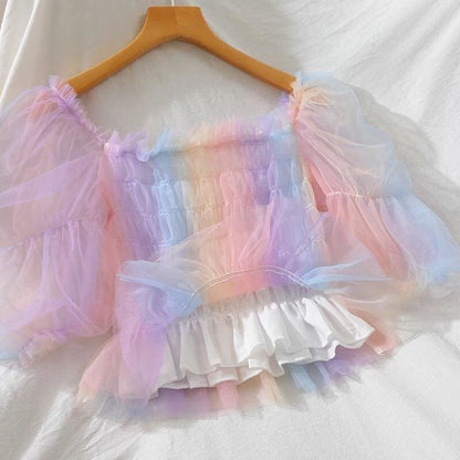 Rainbow Pastel Kawaii Aesthetic Princess Crop Top - mkkawaiishop
