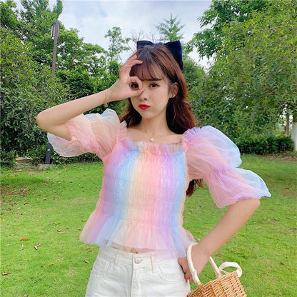 Rainbow Pastel Kawaii Aesthetic Princess Crop Top - mkkawaiishop