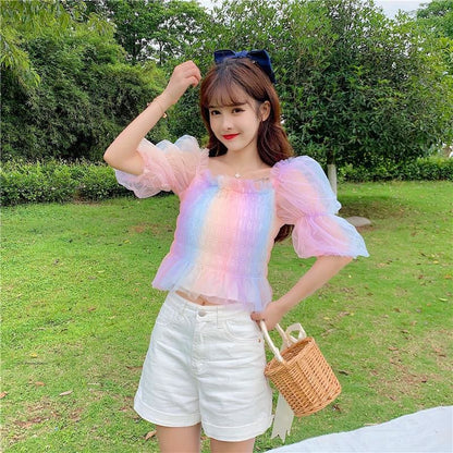 Rainbow Pastel Kawaii Aesthetic Princess Crop Top - mkkawaiishop