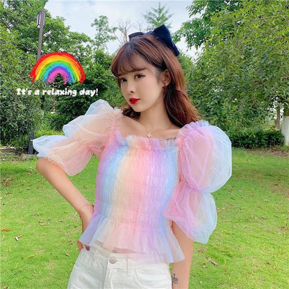 Rainbow Pastel Kawaii Aesthetic Princess Crop Top - mkkawaiishop