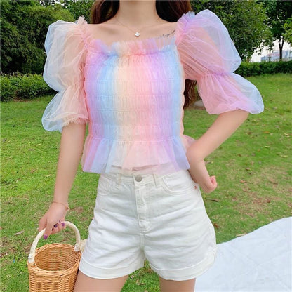 Rainbow Pastel Kawaii Aesthetic Princess Crop Top - mkkawaiishop