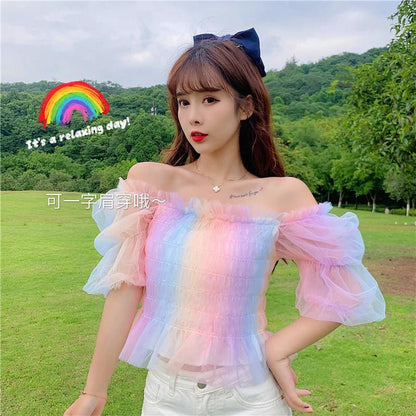 Rainbow Pastel Kawaii Aesthetic Princess Crop Top - mkkawaiishop