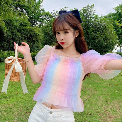 Rainbow Pastel Kawaii Aesthetic Princess Crop Top - mkkawaiishop