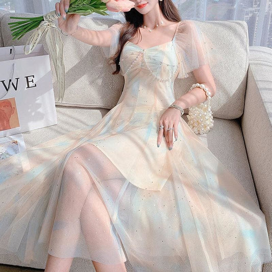 Sweet Pearls Blue Creamy Elegant Princess Sparkle Dress MK17658 - mkkawaiishop