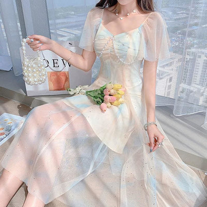 Sweet Pearls Blue Creamy Elegant Princess Sparkle Dress MK17658 - mkkawaiishop