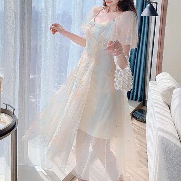 Sweet Pearls Blue Creamy Elegant Princess Sparkle Dress MK17658 - mkkawaiishop