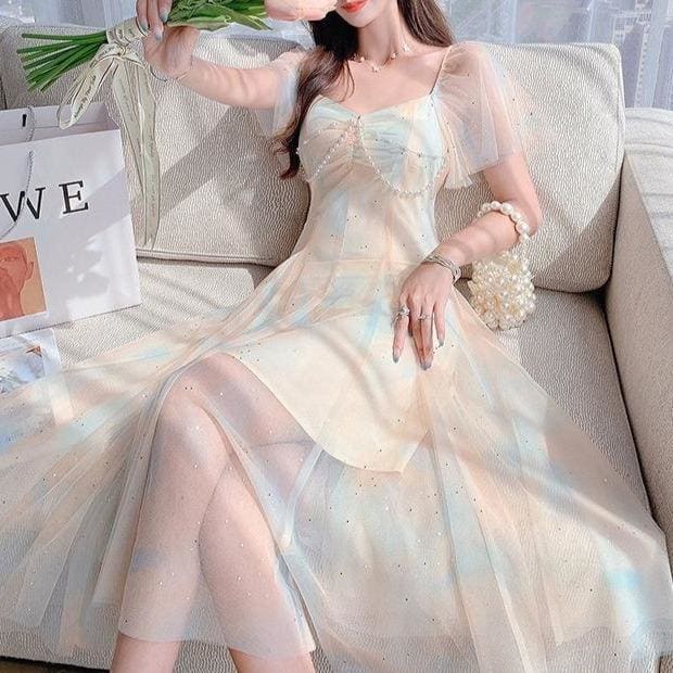 Sweet Pearls Blue Creamy Elegant Princess Sparkle Dress MK17658 - mkkawaiishop