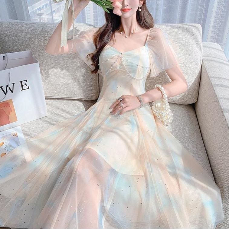 Sweet Pearls Blue Creamy Elegant Princess Sparkle Dress MK17658 - mkkawaiishop