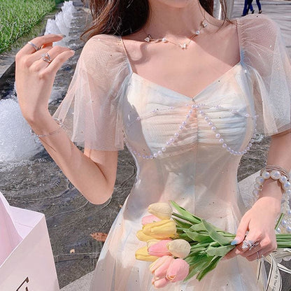 Sweet Pearls Blue Creamy Elegant Princess Sparkle Dress MK17658 - mkkawaiishop