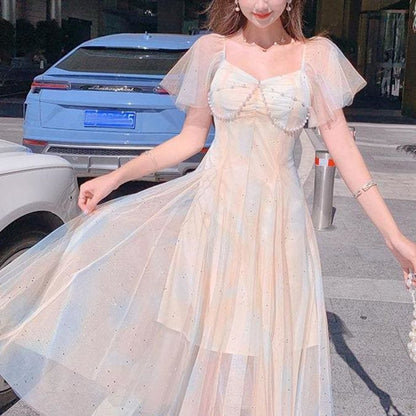 Sweet Pearls Blue Creamy Elegant Princess Sparkle Dress MK17658 - mkkawaiishop