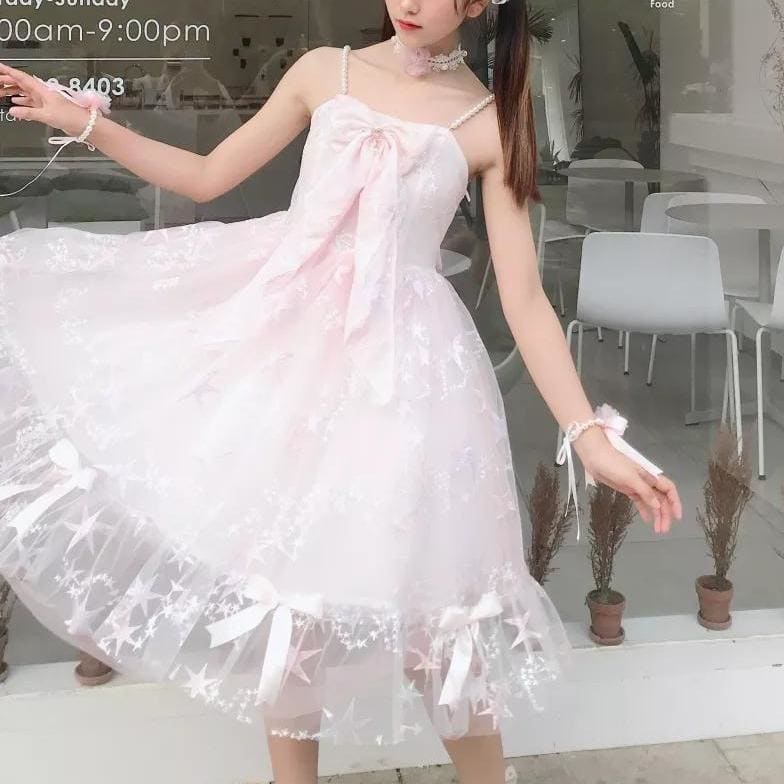 Sweet Star Printed Jsk Lolita Princess Dress Fairy Bow Tie Dress MK15953 - mkkawaiishop